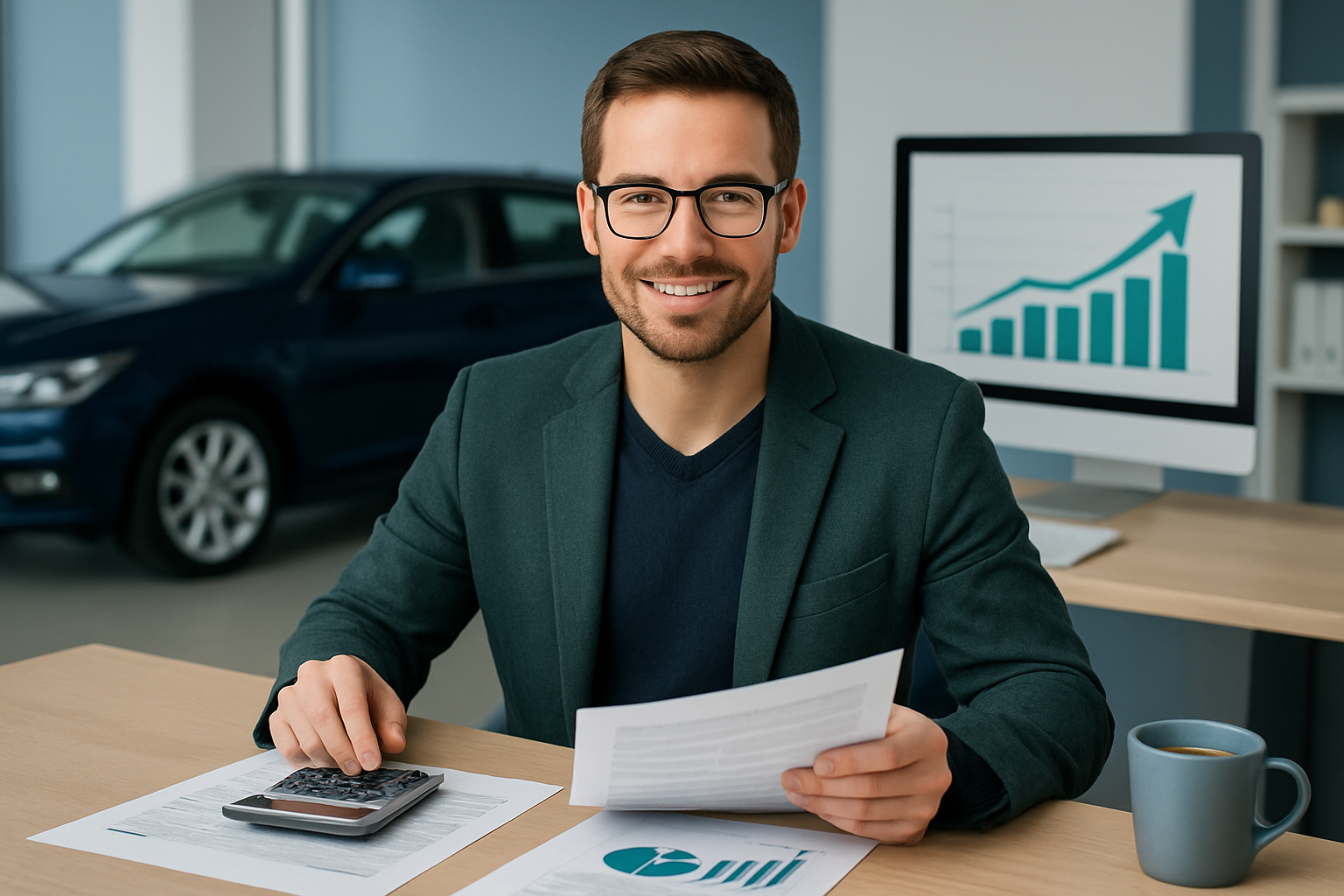 Selbstständiger Freiberufler am Schreibtisch plant Autofinanzierung mit Taschenrechner und Unterlagen
