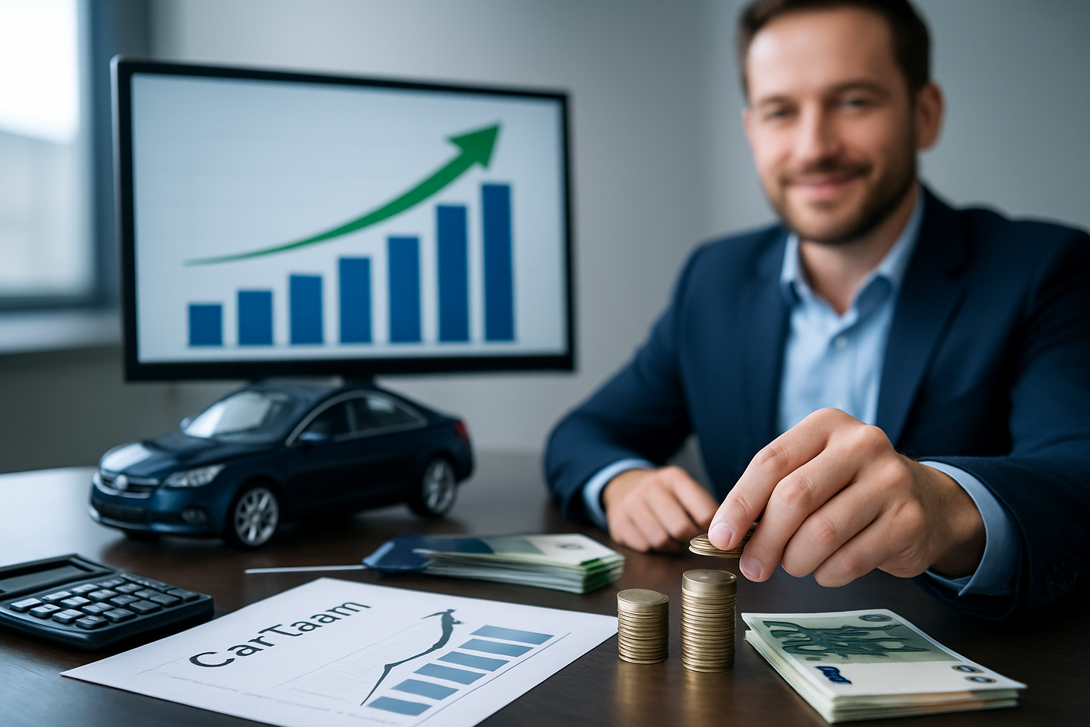 Person berechnet Sondertilgung für Autokredit am Laptop mit Taschenrechner und Dokumenten