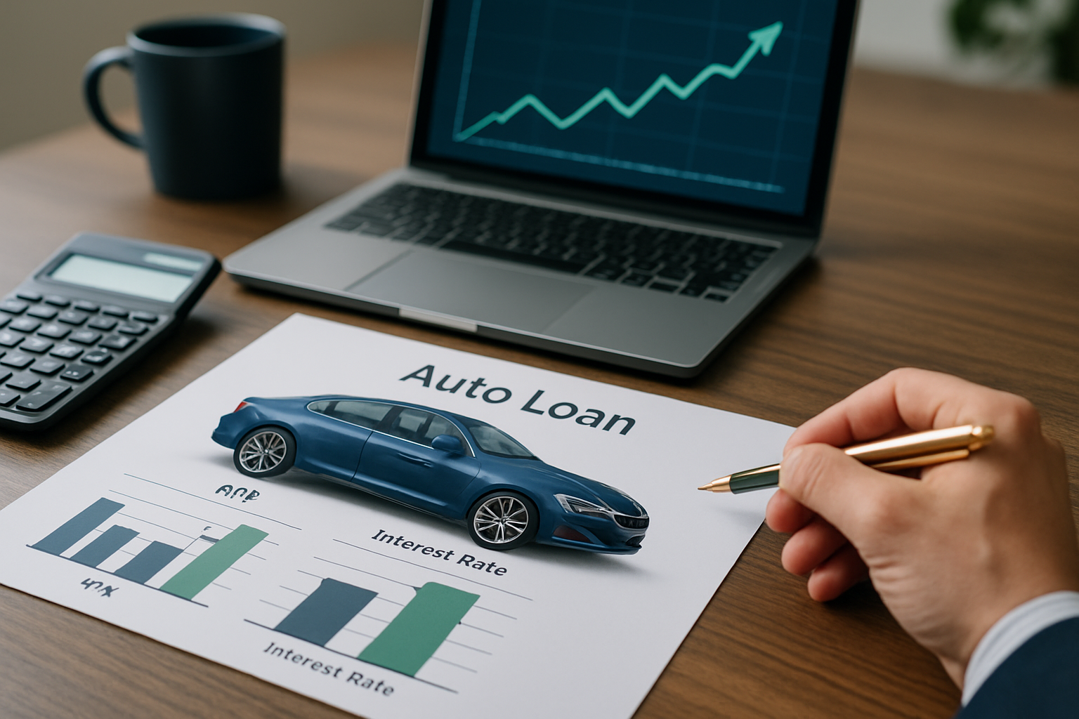 Grafische Darstellung von Autokredit-Zinsen mit steigendem und fallendem Trend