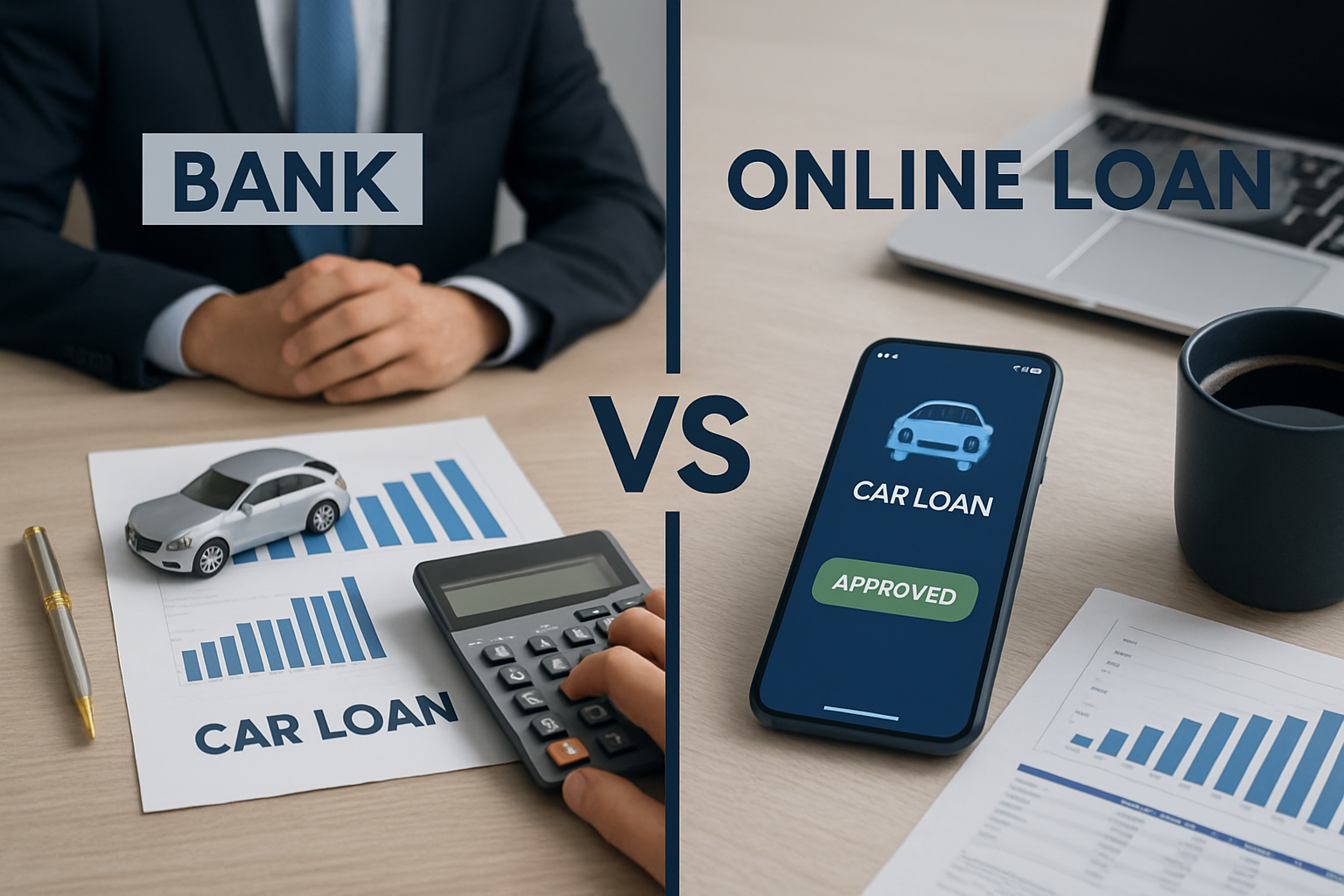 Vergleich zwischen Hausbank-Filiale und Online-Banking auf Laptop für Autokredit